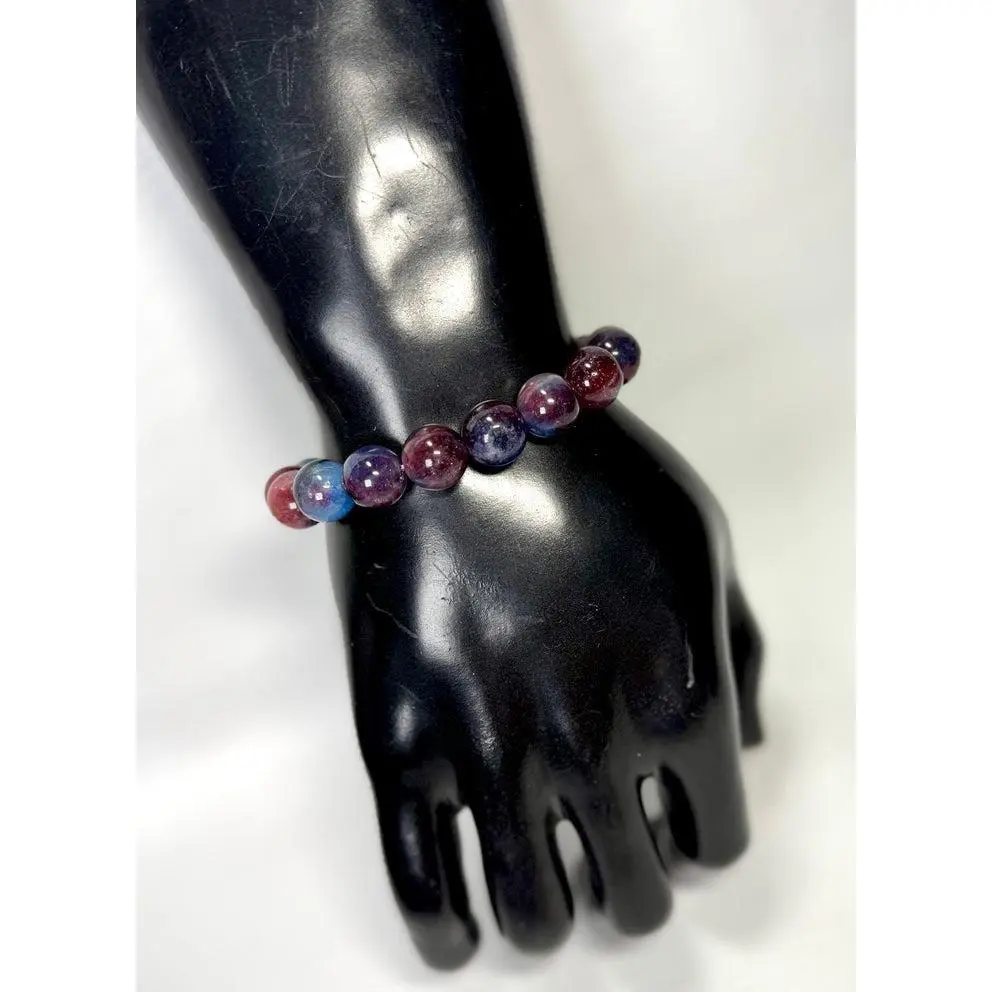 Robin Dawkins "Crimson Twilight" Gemstone Bracelet - Deep Red & Dark Blue Purple Hues Handcrafted Accessory with Silver Logo Bar