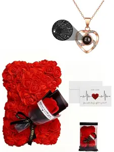 Handmade Eternal Flower Rose Bear Necklace Gift Set, Valentine's Day, Mother's Day, Graduation, Wedding Decoration, 100 Love Languages