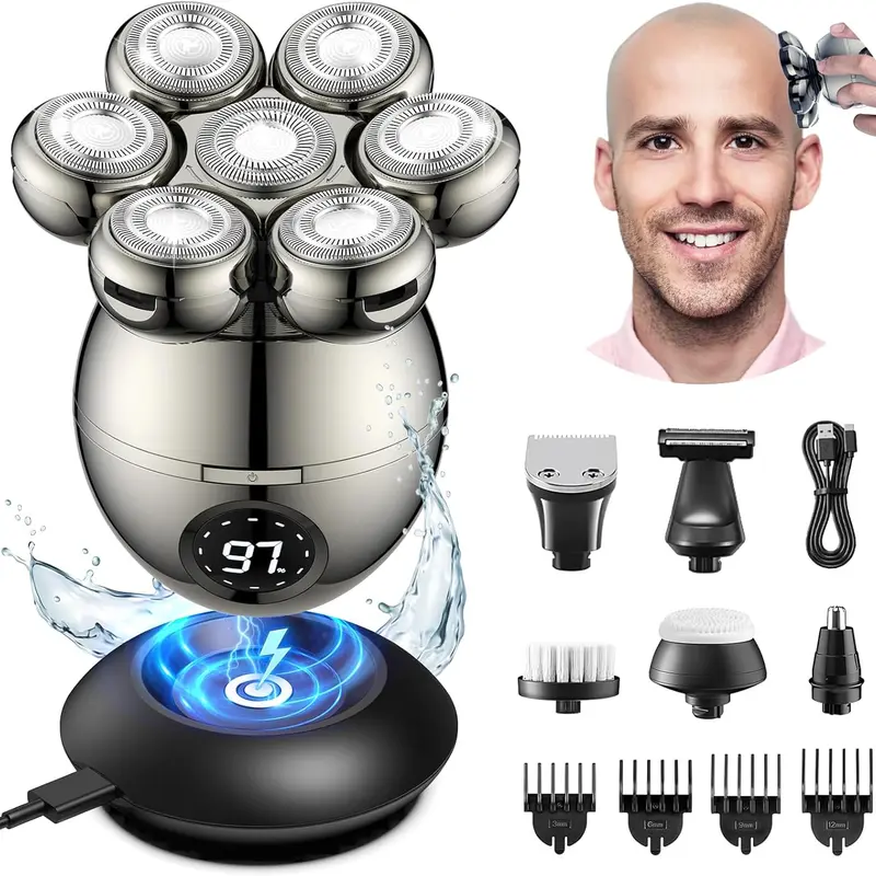 Head Shavers for Bald Men, 7D Magnetic Bald Head Shavers Waterproof Mens Head Shaver for Wet/Dry Use, LED Display Electric Razor Type-C Wireless Charging, 360°Close Shave for Men,Father's Day Gift