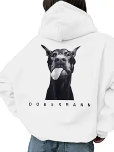 Dobermann Women's Oversized Hoodie with Drawstring - White Black Brown Doberman Print Long Sleeve Thermal Lined Casual Autumn Winter Tops