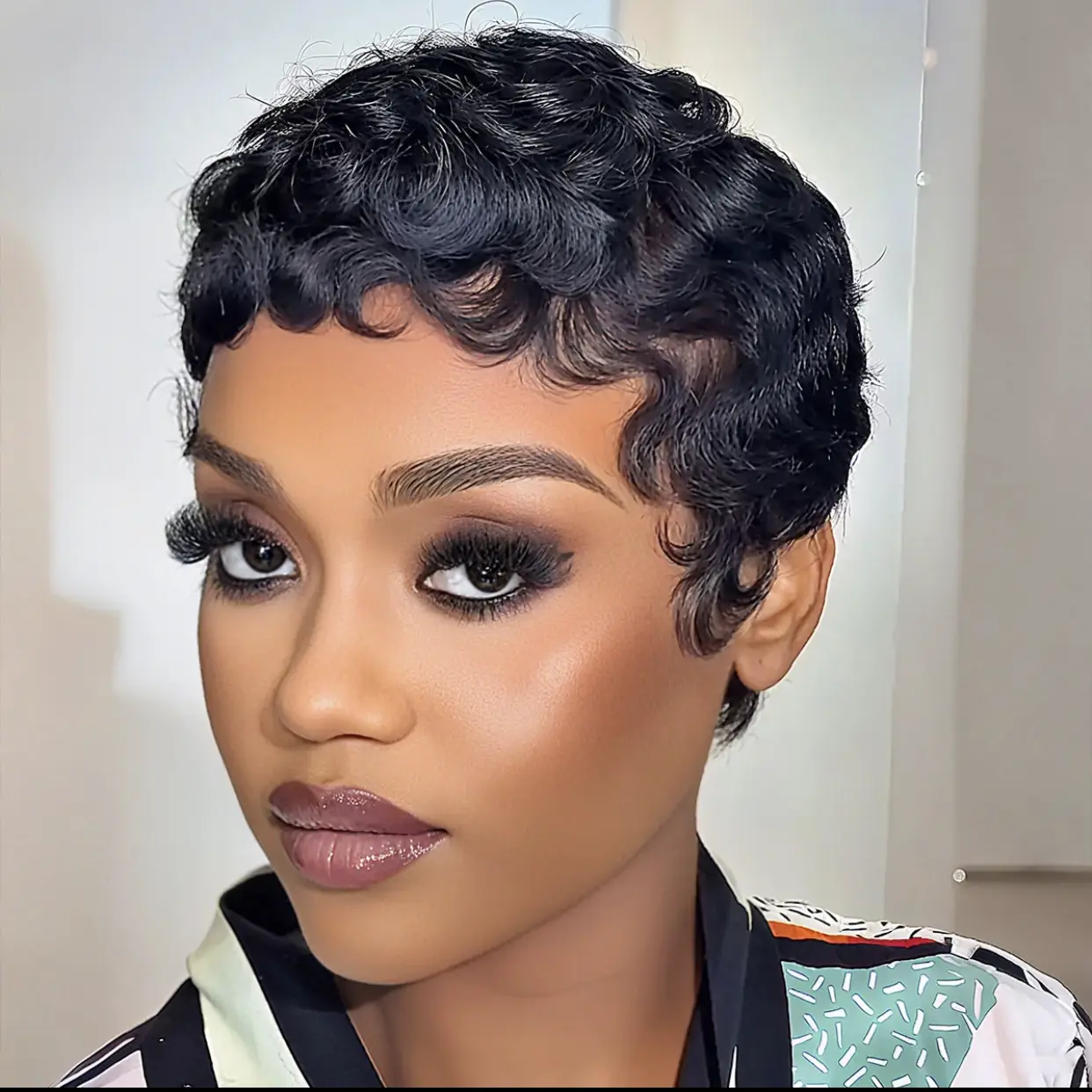 ✨NWT Non-Lace-Wig Full Short Wavy Pixie Cut Bang, Burgundy 99J/Natural Black ShowReal 036 Short Pixie Cut Wigs Short Straight Brazilian  main image 2