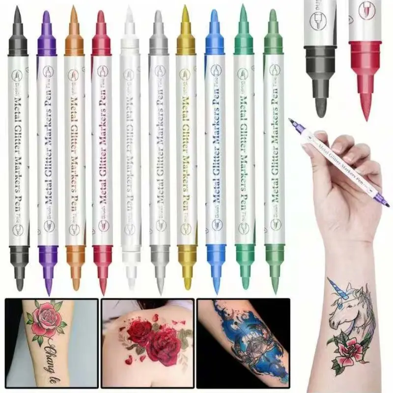 Temporary Dual-Ended Tattoo Pen, 10 Colors, Washable, Skin Art Drawing Brush, Marker, Temporary Tattoo Marking Pen