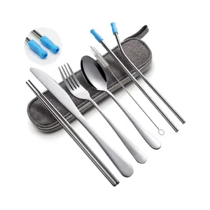 Travel Utensils Set with Case Reusable Portable Cutlery Set Stainless Steel 8pcs Including Dinner Knife Fork Spoon Chopsticks Straws (Silver) Aluminium Plastic Round Silicone