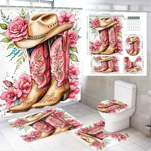 4pcs Whimsical Western Shower Curtain Set, Tan Cowboy Boots & Roses,The floor mat fabric is thicker and softer!  Floral Embroidery, Matching Bath Mat & Toilet Lid Cover