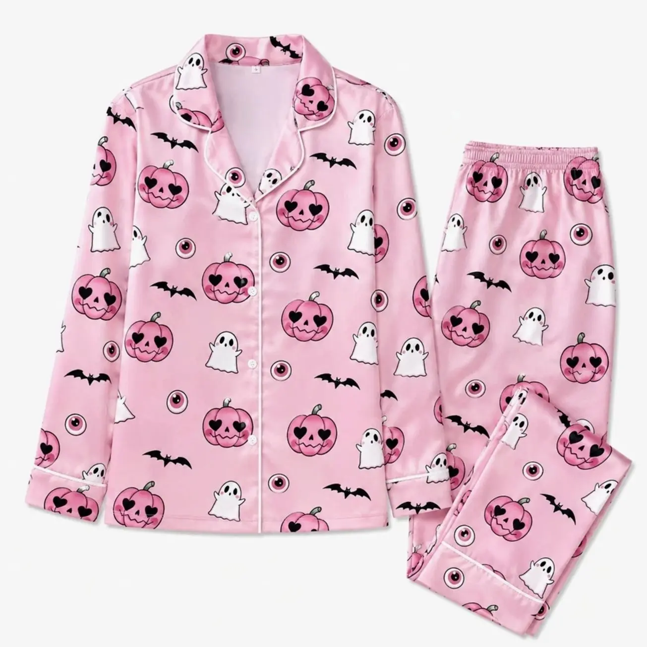 Women's Satin Pajama Set Pink Halloween Ghost Pumpkin Print Long Sleeve PJs
