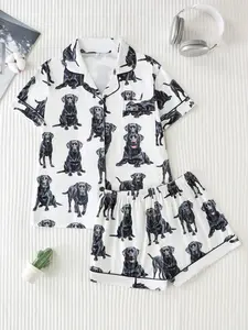 Two-Piece Labrador Dog All-Over Print Women's Pajama Set, Soft Satin Fabric, Comfortable Loose Fit, Elegant Casual Sleepwear