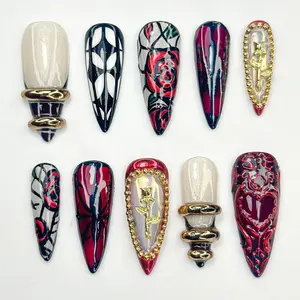 Gothic Rose Heart Press On Nails | 3D Black Red Gold Nails | Handmade Gothic Vampire Glam Nail Set | Black Stiletto Press Ons