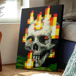 Pixel Skull Canvas Print, Fireworks Night Wall Art, Cartoon Gothic Poster for Kitchen Living Room Home Office Decor