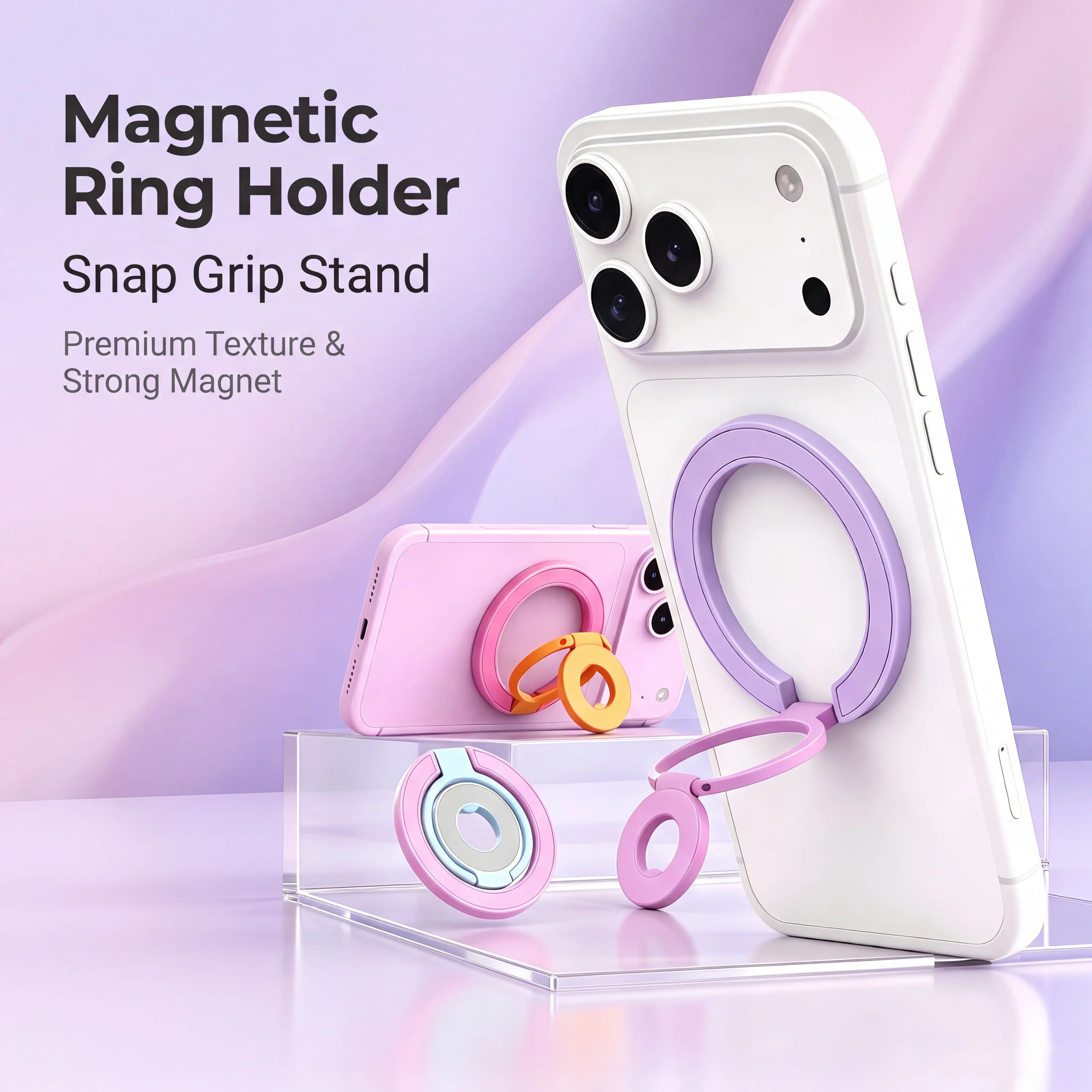 Double Sided Magnetic Phone Ring Holder Stand, 360° Rotating Finger Grip Kickstand, Strong Magnetic Holder for iPhone MagSafe Compatible, Hands-Free & Anti-Drop