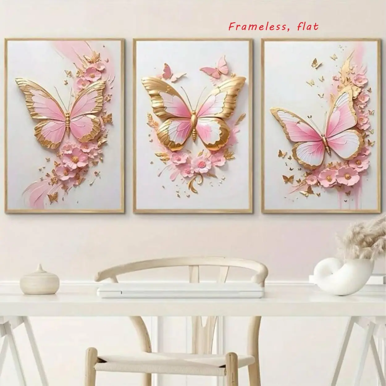 Set of 3 Pink Butterfly Animal Decorative Wall Art Canvas Prints with Gold Borders—Beautiful Posters Unframed Art Print for Girls' Bedrooms, Kids' Rooms, and Living Rooms; Scandinavian-Style Wall Decor—Frameless 2D