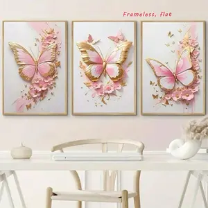 Set of 3 Pink Butterfly Animal Wall Art Canvas Prints with Gold Borders—Beautiful Posters Unframed Art Print for Girls' Bedrooms, Kids' Rooms, and Living Rooms; Scandinavian-Style Wall Decor—Frameless 2D