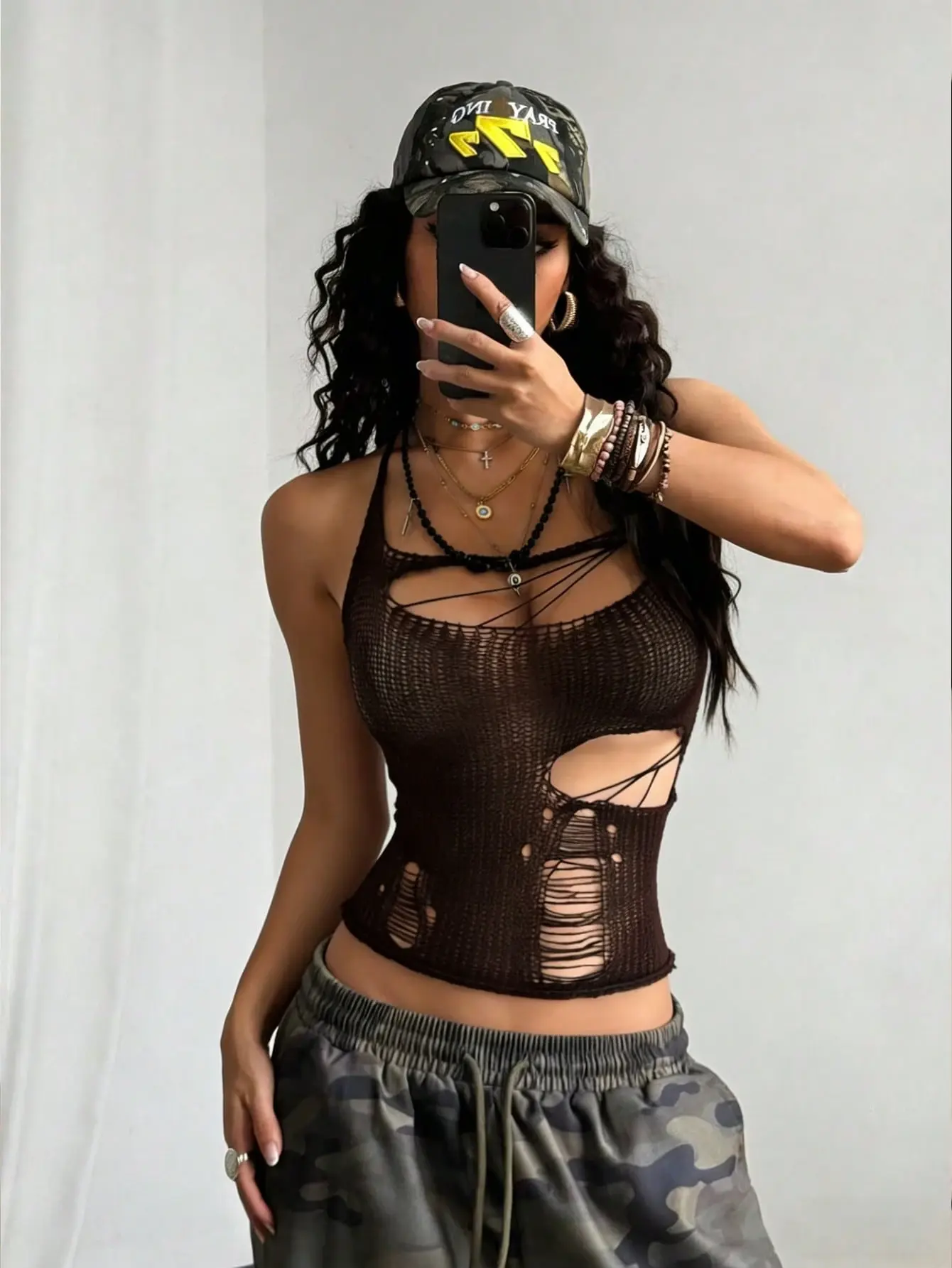 LALUZ Women's Crochet Knit Top Solid Black Hollow Out Sleeveless Y2K Aesthetic Summer Beach Vacation Going Out Tank Top