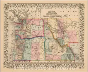 Oregon, Washington, Idaho & Montana - County Map, 1865 | Historical Map Print
