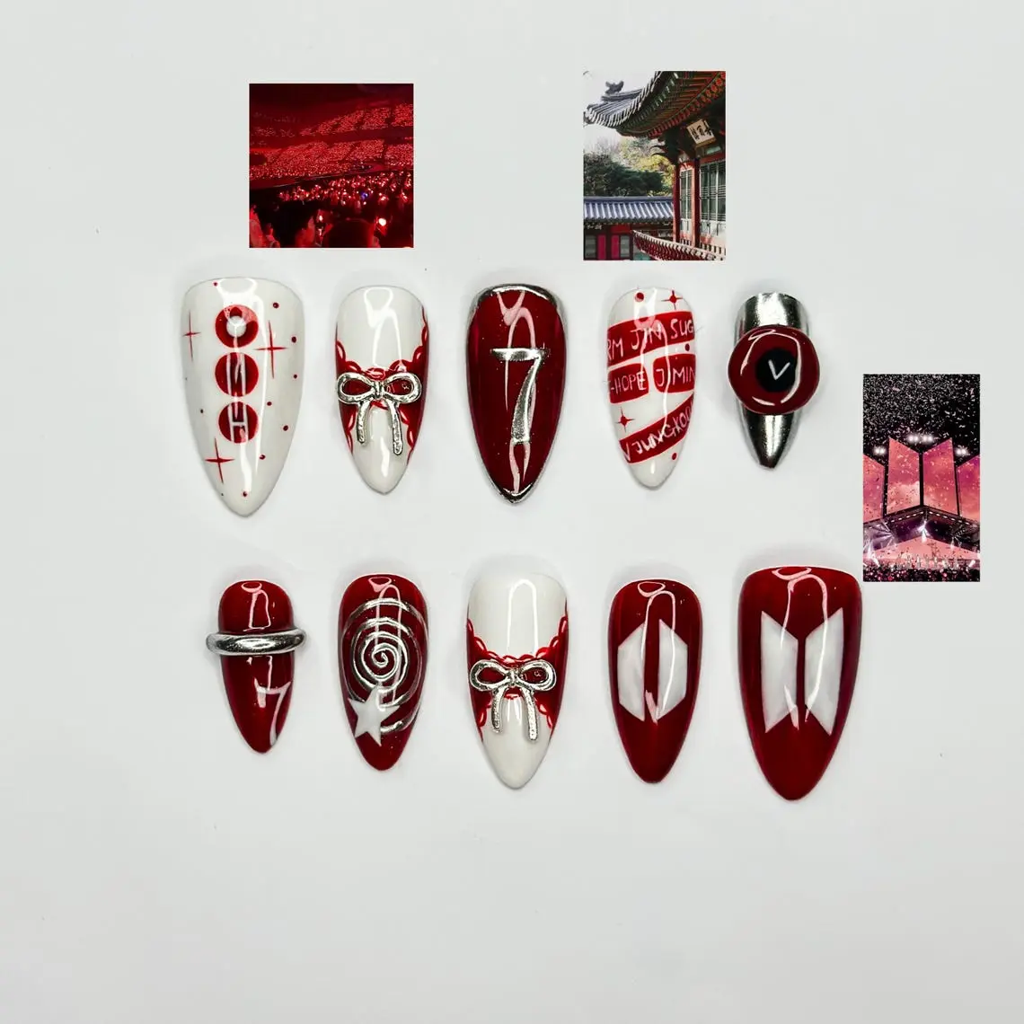 [New Model] 10 PCS Handmade Press on Nails, Kpop Concert Press On Nails, Concertcore Nails, Burgundy Chrome Nails, Idol Inspired Press On Nails, Stage Performance Nail Art, Handmade Nail Art, Y2K 3D Gel Nails
