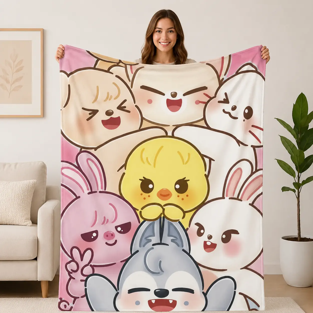 Kawaii Cute Cartoon Animal Print Flannel Blanket, Soft Lightweight Cozy Throw Blanket for Sofa Couch Bed Travel, All Season Warm Plush Blanket GiftPerfect Gift，Kpop for fan