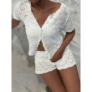 Women's crochet knitted two-piece set, summer short sleeved top and shorts, suitable for beach and vacation, breathable, lightweight, casual and fashionableRAIMENTRY