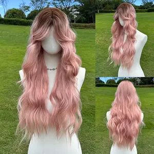 SMILCO/28Inch Highlight Brown with Cherry Blossom Pink Long Wavy with Bangs Synthetic Wig/SM424-3