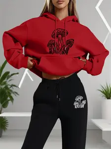Women's Spring & Fall Long Sleeve Hoodie Set, Mushroom Print Sweatshirt + Jogger Pants Two-Piece, Casual Style for Daily Wear