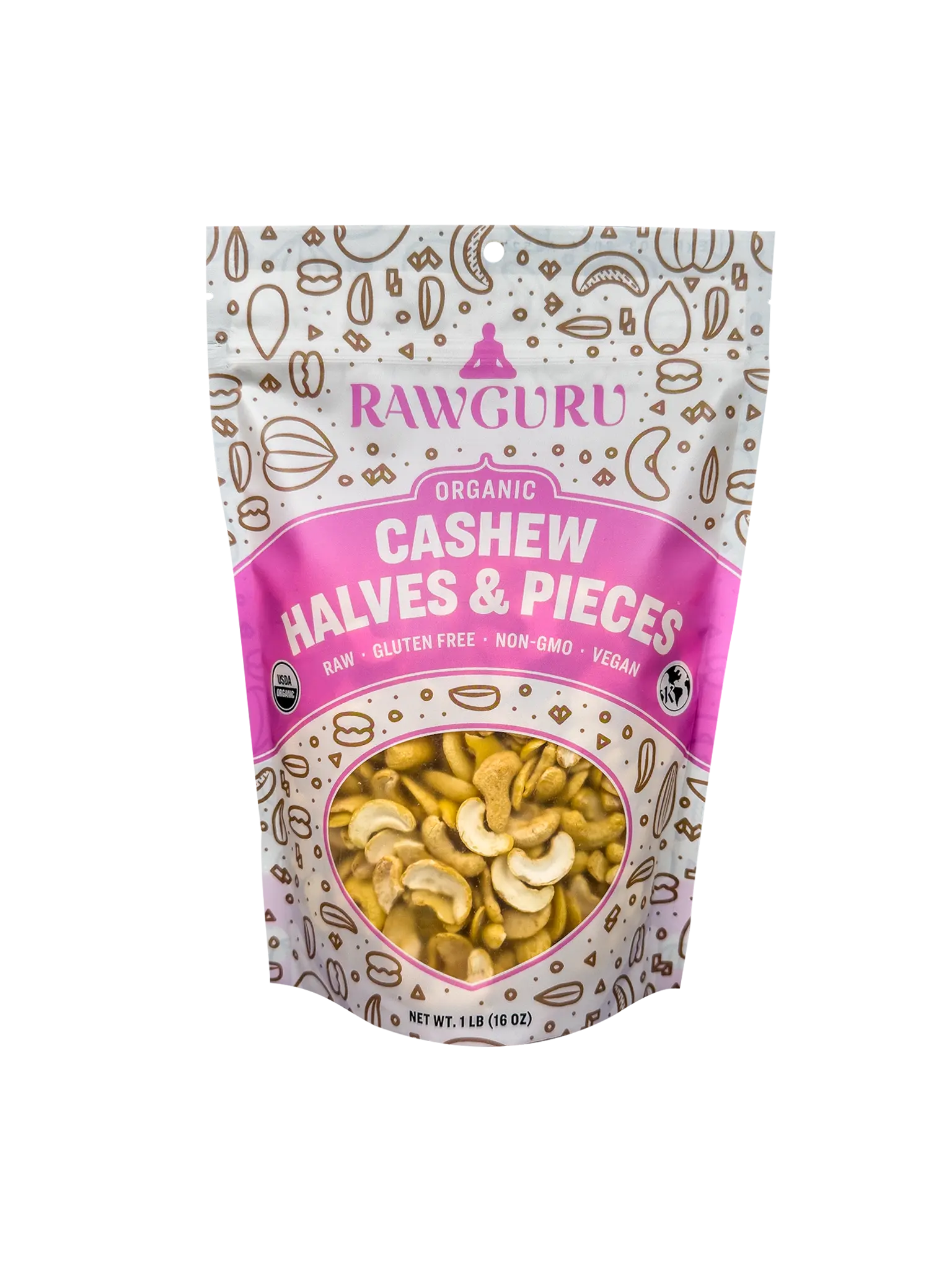 RawGuru Raw Organic Cashew Halves - 16 oz Protein Snack