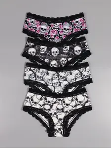 Morvia 4pcs Sexy Cute Gothic Halloween Contrast Lace Hipster Panties, Allover Print Comfy Intimates Briefs Panties, Women's Underwear & Lingerie, Fashion Comfy Underwear, Floral Lace Panty