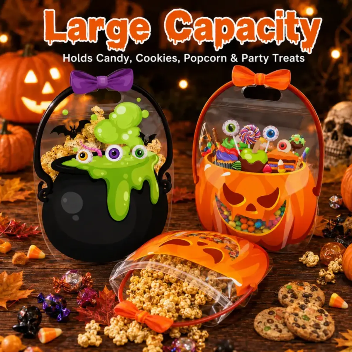 Halloween Resealable Plastic Treat Bags with Handles, Pumpkin Witch Cauldron Designs, Trick-or-Treat Candy Wrapping & Festive Party Decoration Supplies