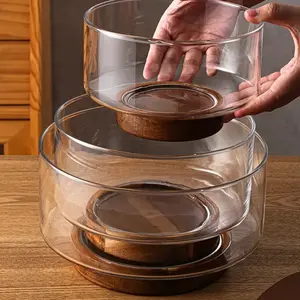 Glass Salad Bowl Set with Wooden Base, Perfect for Parties, Fruits, Popcorn, Chips & Pasta, Essential Kitchenware, Salad Serving Bowls