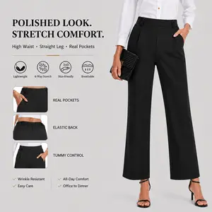 DLOODA Women's High-Waisted Straight Leg Bottoms - Pull-On Fitted Basic Work Pants with Pockets, Casual Fitted Office Business Attire for Women