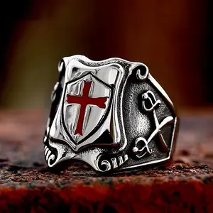 Vintage Knights Templar Cross Shield Rings For Men Gothic Punk 316L Stainless Steel Biker Ring with Red Cross Design