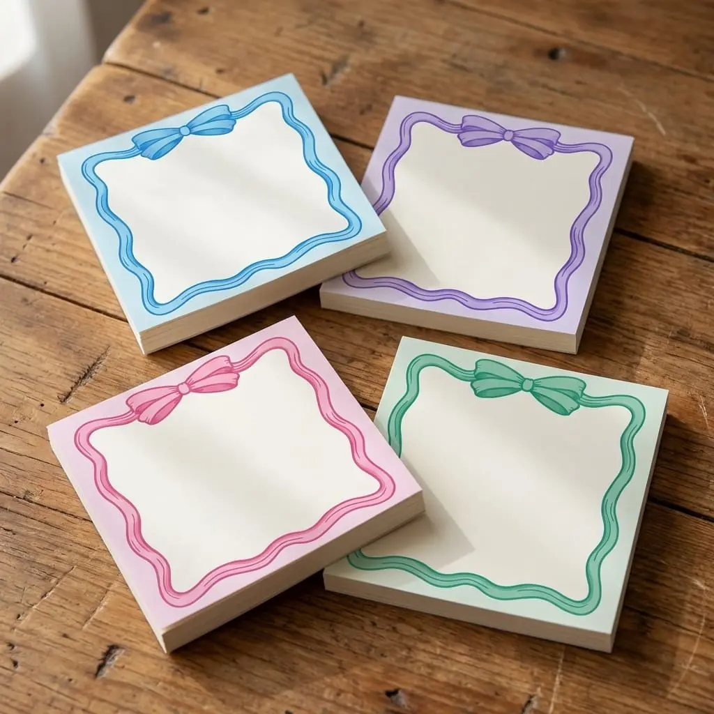 4-Pack Aesthetic Pastel Ribbon Bow Sticky Notes Set - Cute Coquette Style Self-Adhesive Memo Pads for Journaling, Planning, and Stationery Lovers, Office Supplies