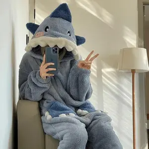 Two piece set of cute women's blue shark pajamas long sleeved jumpsuit animal autumn home clothes winter pajamas male and female role-playing clothing