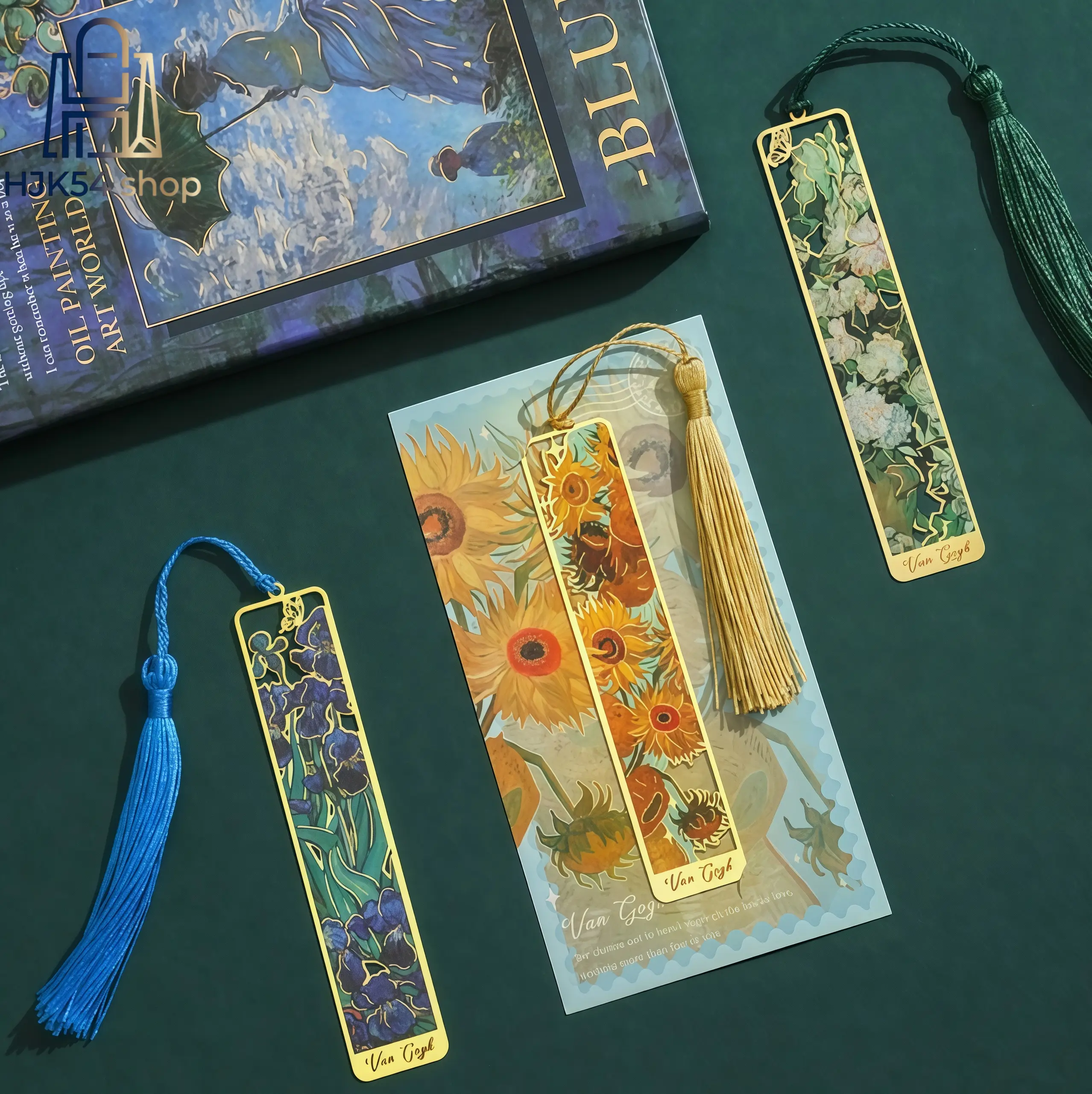 Van Gogh & Monet Artwork Metal Bookmark, Hollow-Out Gold Plated Book Marker with Tassel, Famous Painting Sunflower Iris Water Lily Book Clip, Artistic Gift for Book Lovers