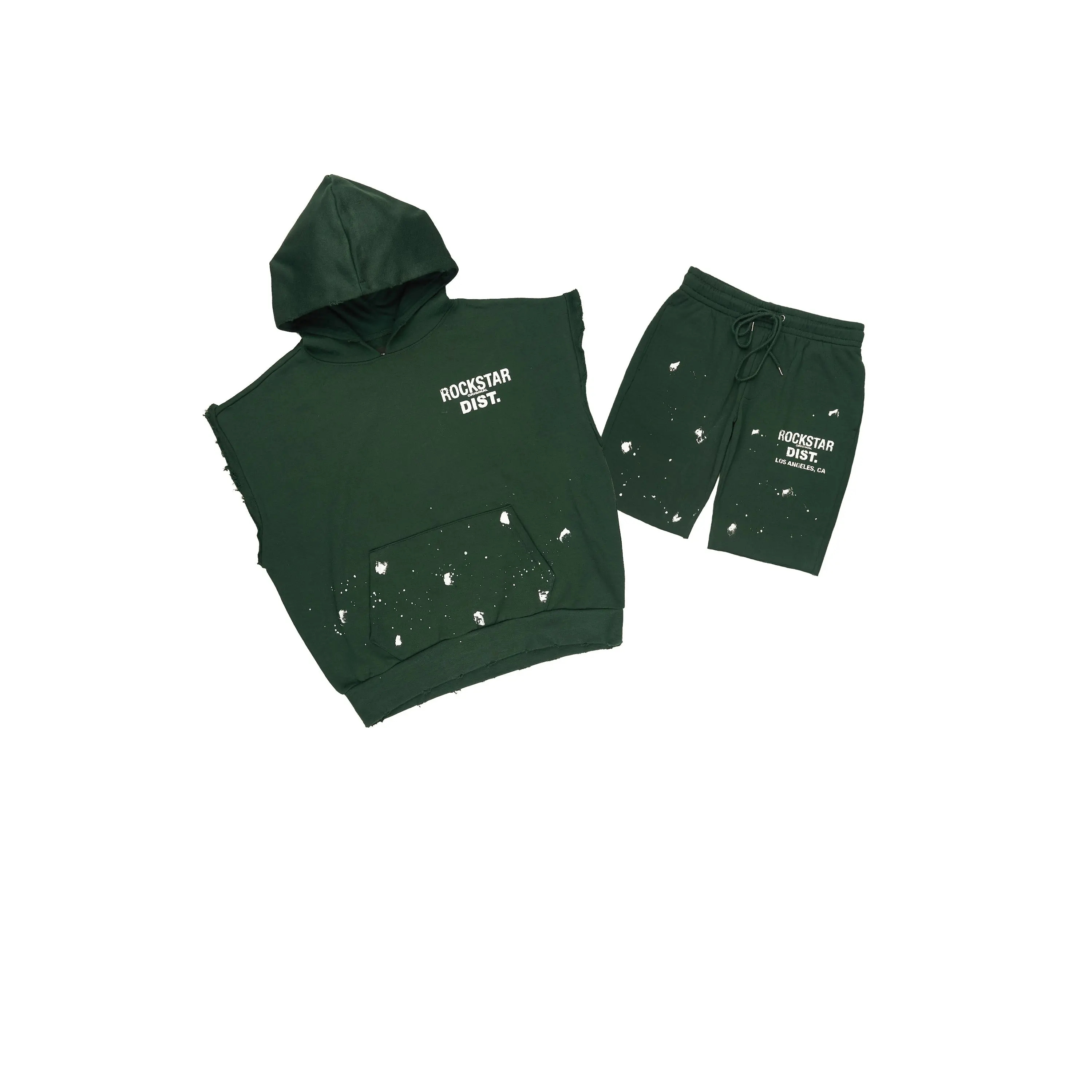 Raffer Forest Green Cut Off Sleeve Hoodie Short Set