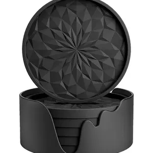 Pack Silicone Coaster Set with Holder - Thickened Drink Coasters Thickened, Deep Tray Black