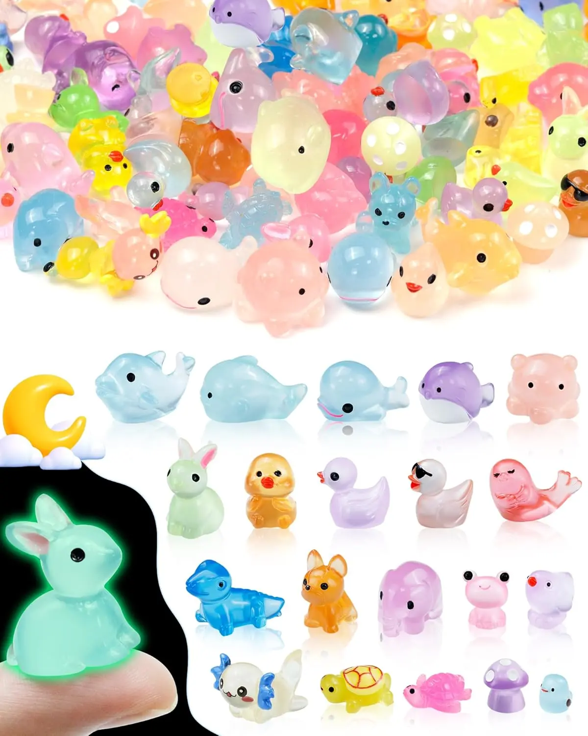 100PCS Glow-in-the-Dark Mini Resin Animal Figures, 20-Style Bulk Set, Tiny Animal Toys for Kids Craft Supplies, Dollhouse Decor, Party Favors