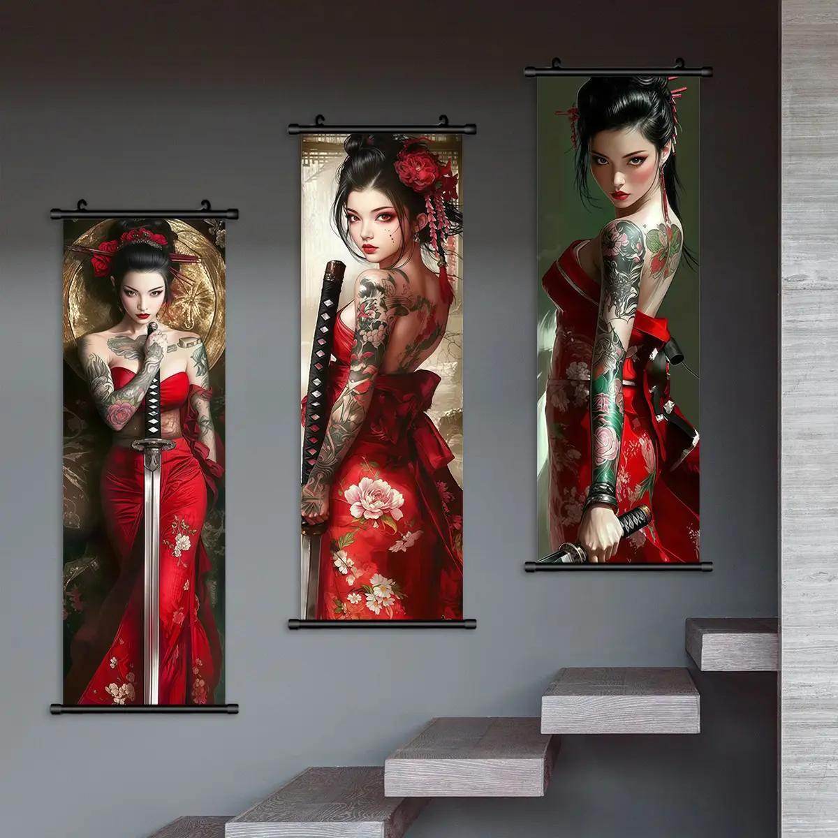 Japanese Geisha Sword Poster Print Set, Modern Living Room Decor, Waterproof Wall Art, Home Decoration, Suitable for Corridor and Bedroom