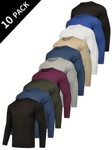 Men's Long Sleeve T-Shirt Set, 10-Piece Basic Fashion Casual Tops, Soft Durable Stitching, Round Neck, Street Style, All Seasons, Tees