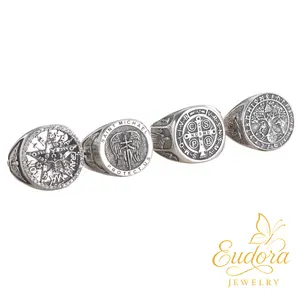 Eudora S925 Sliver Adjustable Silver Ring Collection, Saint Michael, Tree of Life, Tetragrammaton & Saint Benedict Medal, Spiritual Jewelry, First Communion Gift