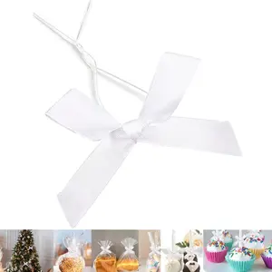 50 Pieces White Bow Twist Ties for Bags, Satin Twist Tie Bows for Cake Pops, Twist Bows for Treats, Pre Tied Bows for Gifts Wrapping, Ribbon Bows, Pretied Bows for Christmas Gift Wrap Bows