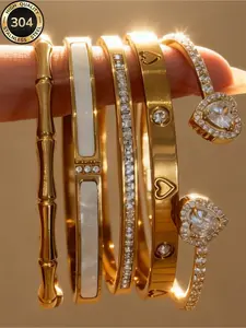 5-piece 18K gold-plated rhinestone bracelet set, bamboo knot, flower, heart-shaped charm luxury stacked bracelet, unisex, birthday/New Year/Valentine's Day gift, couple/friend accessory, multifunctional high-end, durable beach vacation jewelry
