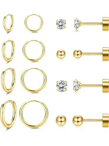 8 Pairs Stainless Steel Earrings Sets for Multiple Piercing Earring Stacking Set,14K Gold Plated Small Huggie Hoop Earrings 2-3MM Tiny Flat Back Ball CZ Stud Earrings Cartilage Helix Lobe Hypoallergenic Earrings Set