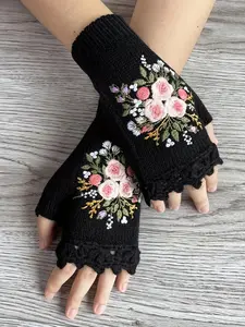 Fashion Women's Knitted Embroidered Gloves, Floral Detail Handmade Crochet Half Finger Fingerless Touchscreen Gloves, Autumn Winter Warm Mitts