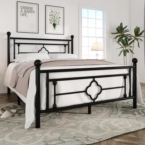 MUTICOR 14in Metal Platform Bed Frame,Vintage Iron-Art Headboard【Frame Only No Mattress】Metal Slats Support Bed Base for Storage,No Box Spring Needed,Full/King/Queen Size Bed Frame