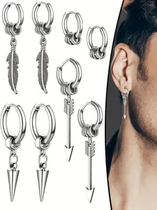 8pcs Hip Hop Punk Style 304 Stainless Steel Coil Earrings with Nail Backs | Feather, Leaf, and Arrow Pendant Set, Unisex, Suitable for Daily and Party Occasions, Without Battery