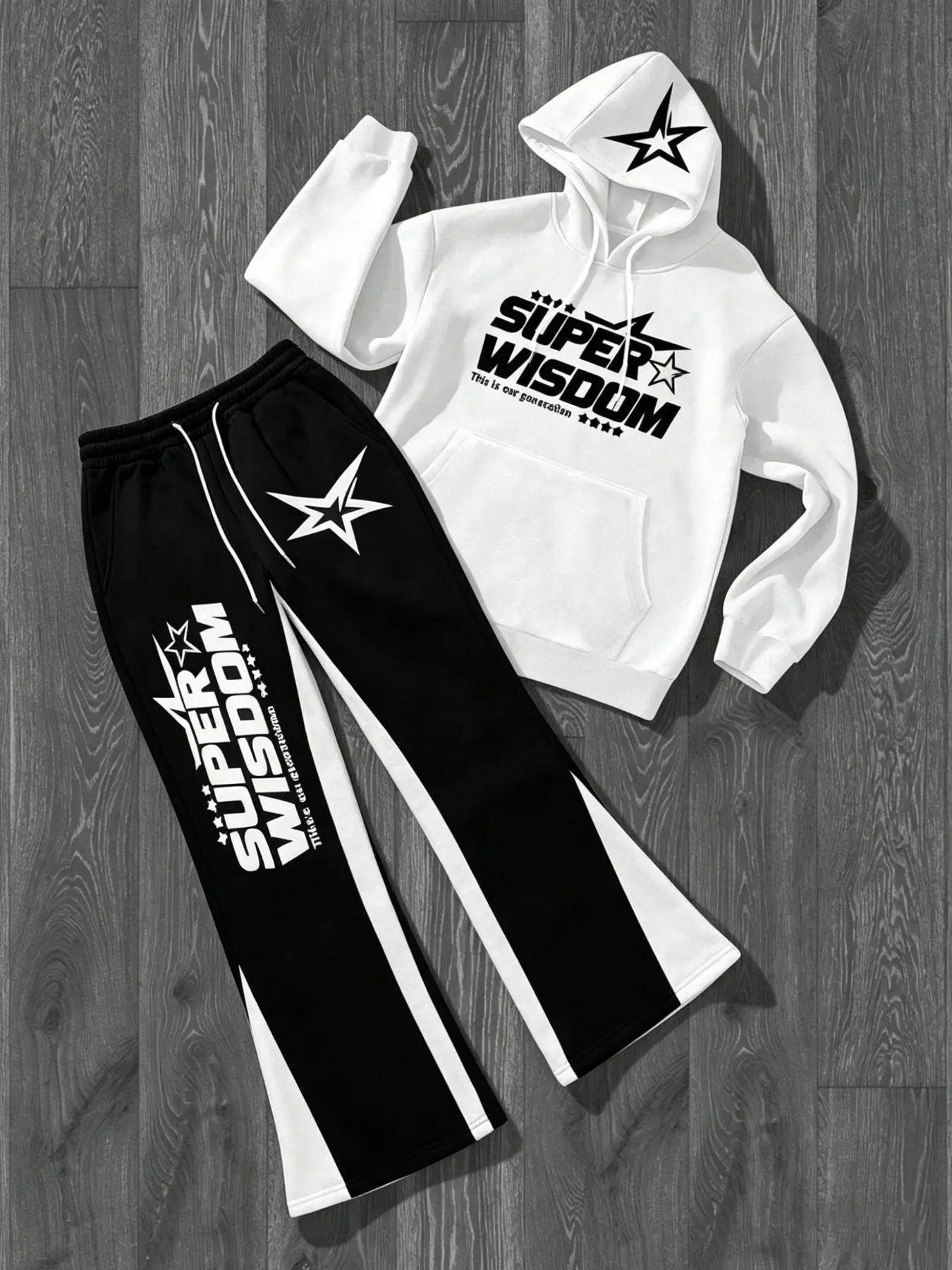 Unisex Streetwear Hoodie & Jogger Set, Long Sleeve, Super Wisdom Letter and star Print, Loose Fit, Fall Winter, Hip Hop Rap Y2K Style, Trendy Gift, Fashion
