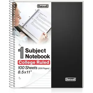College Ruled Spiral Notebook (Black), 1 Subject Notebook 8.5 x 11 for School, Plastic Cover, Pocket Divider, 100 Sheets (200 Pages), 3-Hole Punched Perforated 8 1/2 x 11 Paper