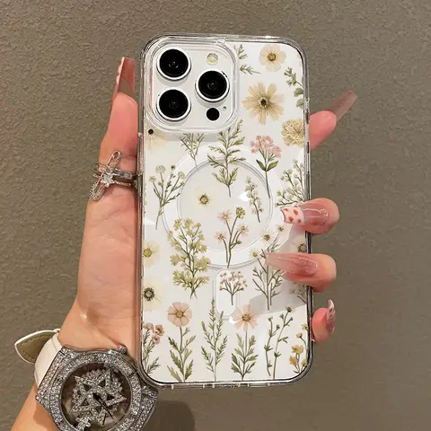 Trendy Magnetic Case for iPhone11/12/13/14/15/16/17/promax, Neutral Toned Florals Ultra Slim, MagSafe Support, Shockproof | Playful & Fun Style