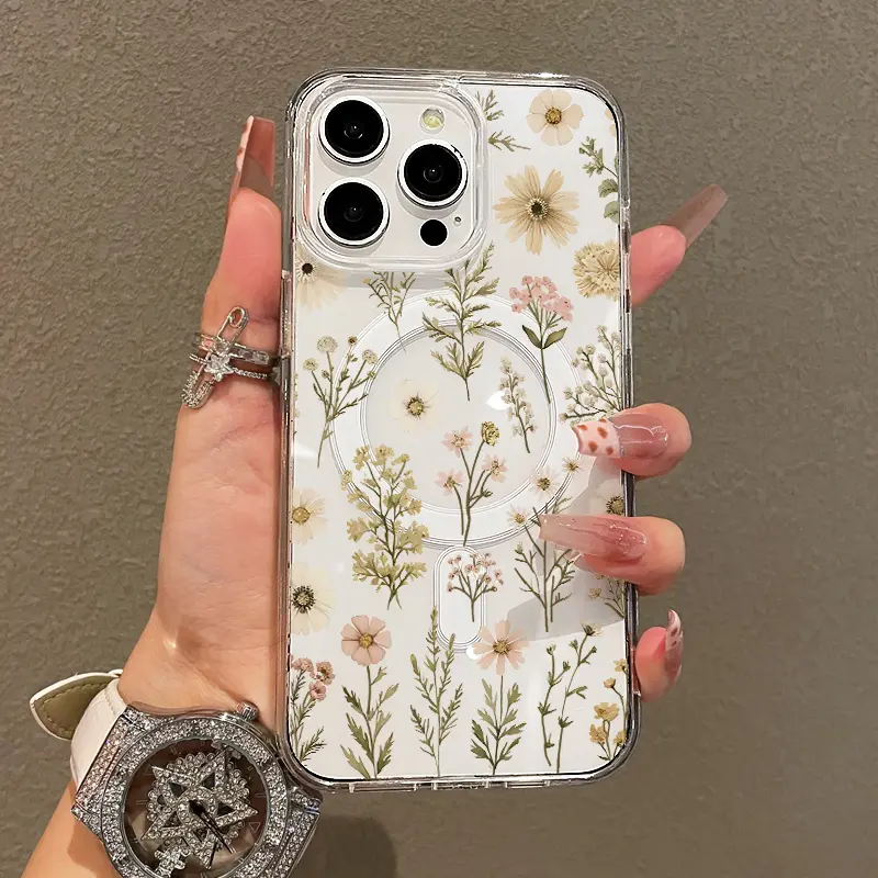 Trendy Magnetic Case for iPhone11/12/13/14/15/16/17/promax, Neutral Toned Florals Ultra Slim, MagSafe Support, Shockproof | Playful & Fun Style