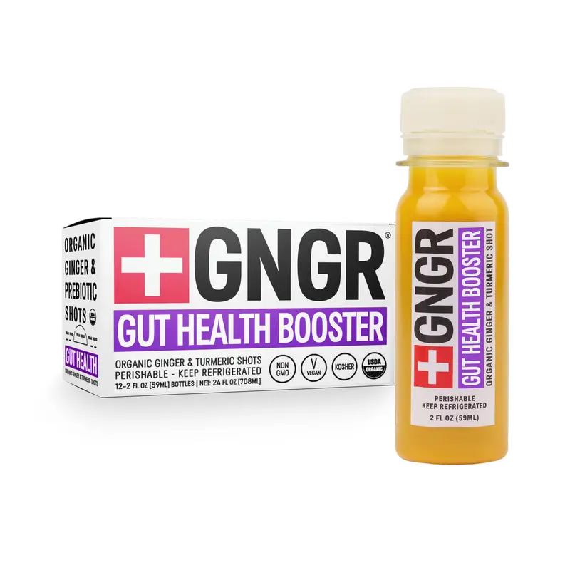 GNGR Gut Health Booster Shot with 7G Prebiotic Fiber, Probiotics, Dandelion Root, Turmeric Root, 2 fl oz, 12 Pack, Organic Ginger & Turmeric Supplement for Digestion & Immunity