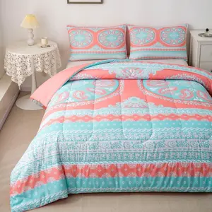 Boho Mandala Designer Comforter Set,Full Size Coral Aqua Bohemian Luxury Bedding Set,Hippie Paisley Comforter Quilt,Breathable Exotic Floral Duvet Set