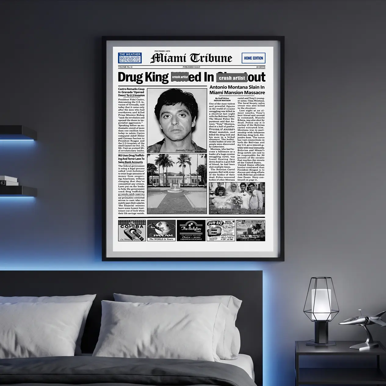 Classic Scarface Antonio Montana Slain Tabloid Wall Decor Print, Old Miami Tribune Newspaper Movie Poster, Aesthetic Gangster Wall Hanging Artwork for Bedroom Living Room Dorm Bar Office Teen Room Game Room